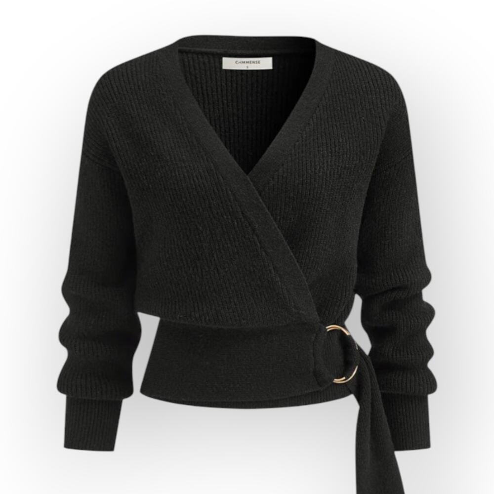 Commense Black Knit Wrap Cardigan Gold Ring Tie Size S Dark Romantic - NWT